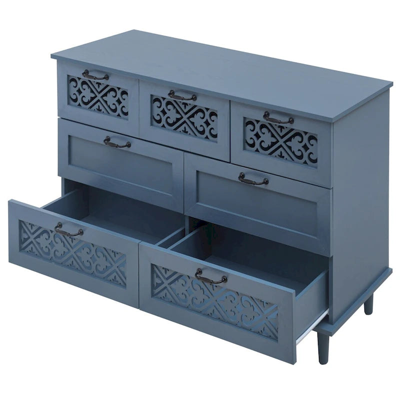 Armoire à 7 tiroirs vert foncé / bleu avec façades à panneaux sculptés, poignées en métal noir et pieds en bois massif – Unité simple