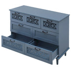 Armoire à 7 tiroirs vert foncé / bleu avec façades à panneaux sculptés, poignées en métal noir et pieds en bois massif – Unité simple