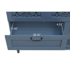 Armoire à 7 tiroirs vert foncé / bleu avec façades à panneaux sculptés, poignées en métal noir et pieds en bois massif – Unité simple