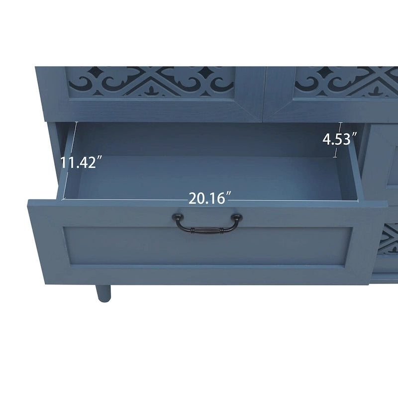 Armoire à 7 tiroirs vert foncé / bleu avec façades à panneaux sculptés, poignées en métal noir et pieds en bois massif – Unité simple