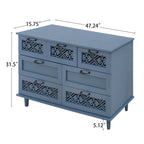 Armoire à 7 tiroirs vert foncé / bleu avec façades à panneaux sculptés, poignées en métal noir et pieds en bois massif – Unité simple
