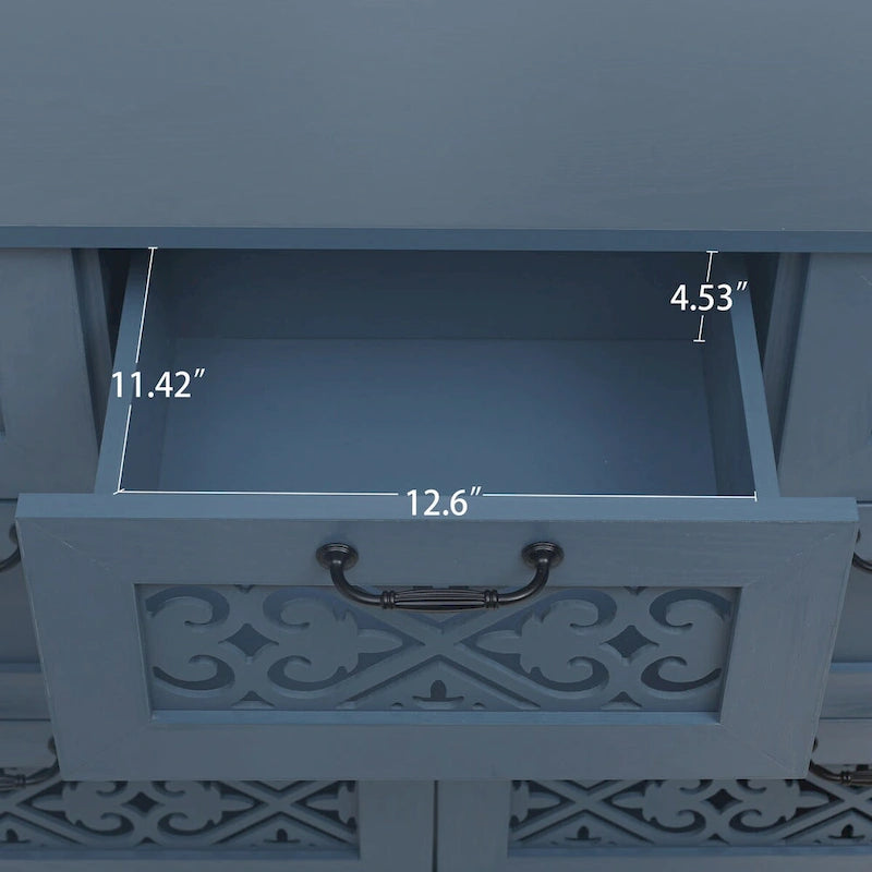 Armoire à 7 tiroirs vert foncé / bleu avec façades à panneaux sculptés, poignées en métal noir et pieds en bois massif – Unité simple