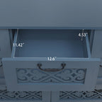 Armoire à 7 tiroirs vert foncé / bleu avec façades à panneaux sculptés, poignées en métal noir et pieds en bois massif – Unité simple