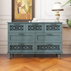 Armoire à 7 tiroirs vert foncé / bleu avec façades à panneaux sculptés, poignées en métal noir et pieds en bois massif – Unité simple