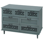 Armoire à 7 tiroirs vert foncé / bleu avec façades à panneaux sculptés, poignées en métal noir et pieds en bois massif – Unité simple