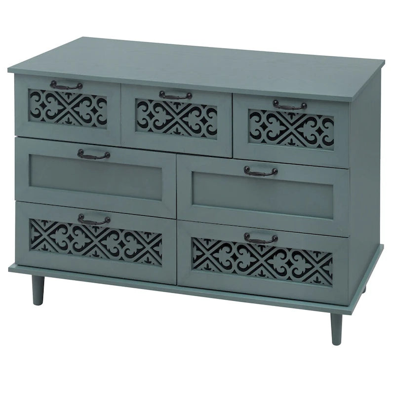 Armoire à 7 tiroirs vert foncé / bleu avec façades à panneaux sculptés, poignées en métal noir et pieds en bois massif – Unité simple