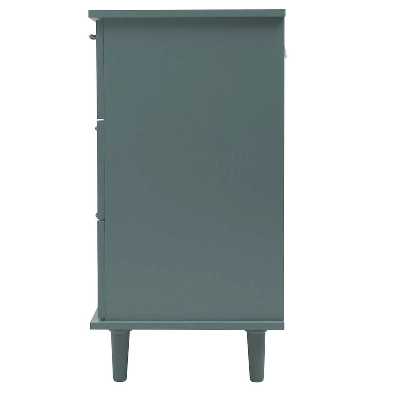 Armoire à 7 tiroirs vert foncé / bleu avec façades à panneaux sculptés, poignées en métal noir et pieds en bois massif – Unité simple