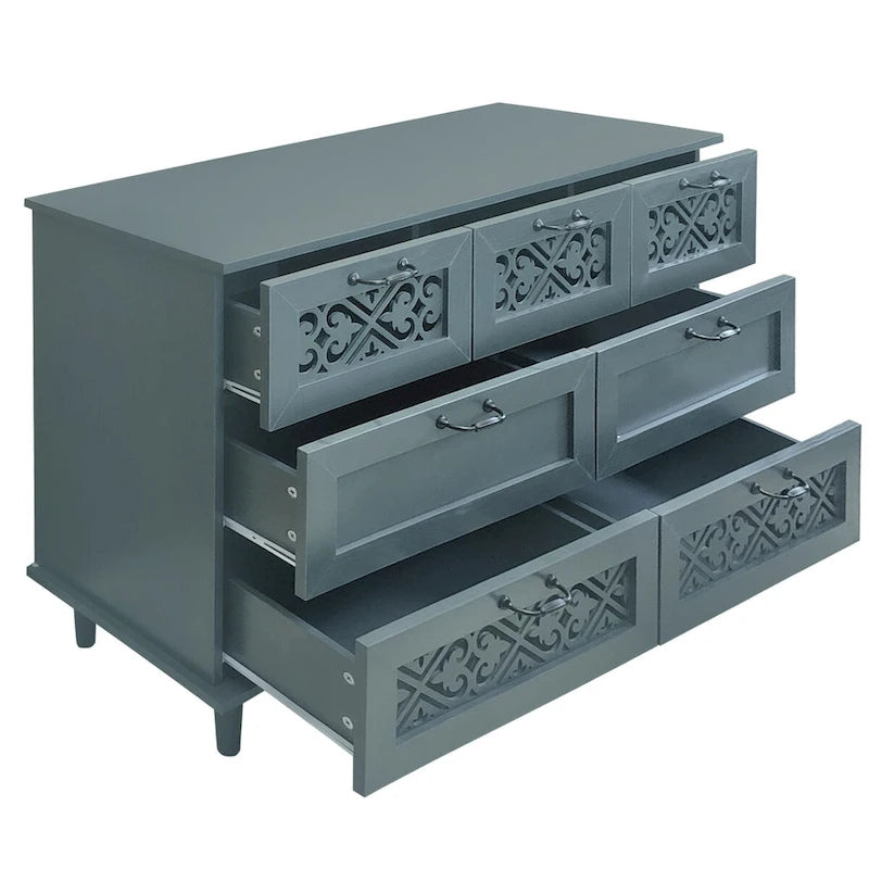 Armoire à 7 tiroirs vert foncé / bleu avec façades à panneaux sculptés, poignées en métal noir et pieds en bois massif – Unité simple