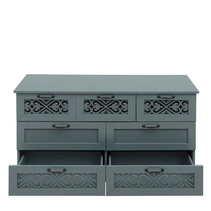Armoire à 7 tiroirs vert foncé / bleu avec façades à panneaux sculptés, poignées en métal noir et pieds en bois massif – Unité simple