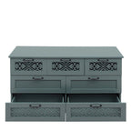 Armoire à 7 tiroirs vert foncé / bleu avec façades à panneaux sculptés, poignées en métal noir et pieds en bois massif – Unité simple
