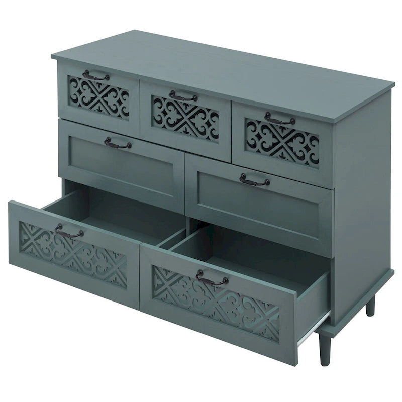 Armoire à 7 tiroirs vert foncé / bleu avec façades à panneaux sculptés, poignées en métal noir et pieds en bois massif – Unité simple