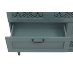 Armoire à 7 tiroirs vert foncé / bleu avec façades à panneaux sculptés, poignées en métal noir et pieds en bois massif – Unité simple