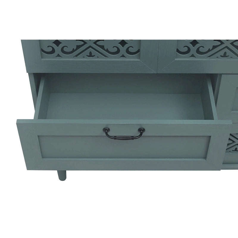 Armoire à 7 tiroirs vert foncé / bleu avec façades à panneaux sculptés, poignées en métal noir et pieds en bois massif – Unité simple