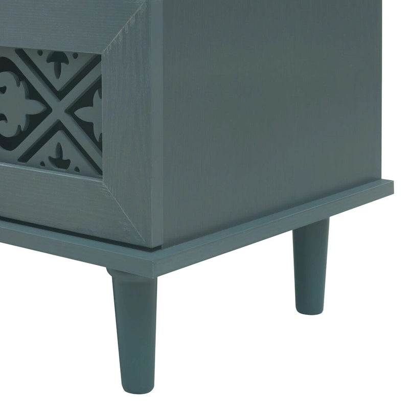 Armoire à 7 tiroirs vert foncé / bleu avec façades à panneaux sculptés, poignées en métal noir et pieds en bois massif – Unité simple