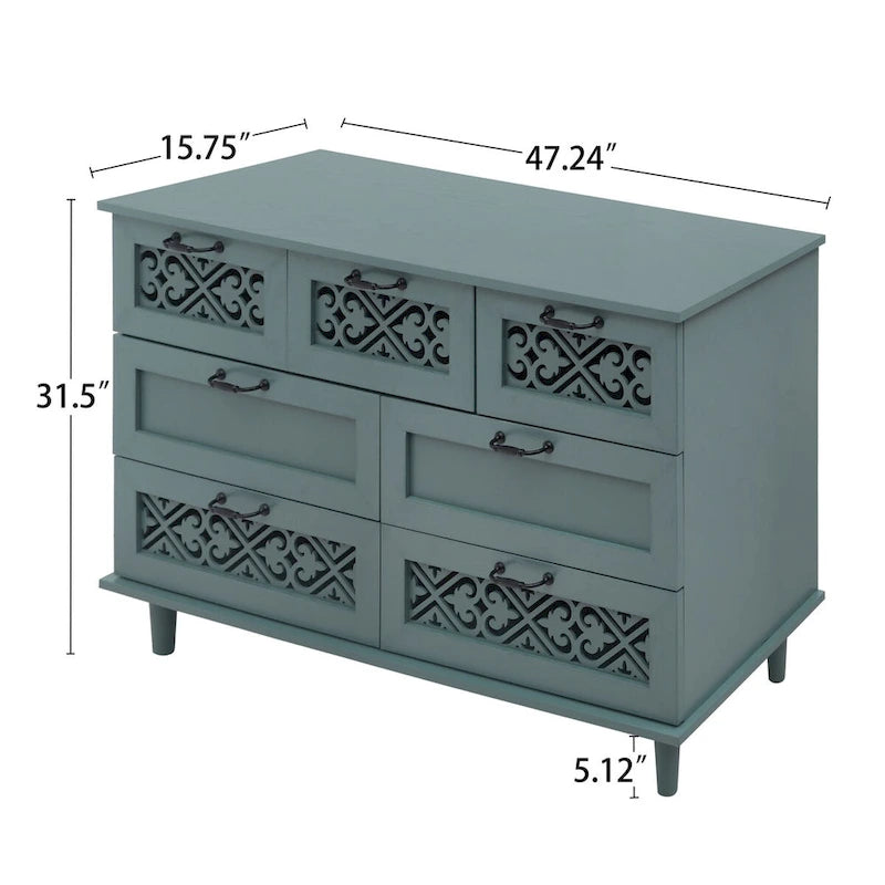 Armoire à 7 tiroirs vert foncé / bleu avec façades à panneaux sculptés, poignées en métal noir et pieds en bois massif – Unité simple