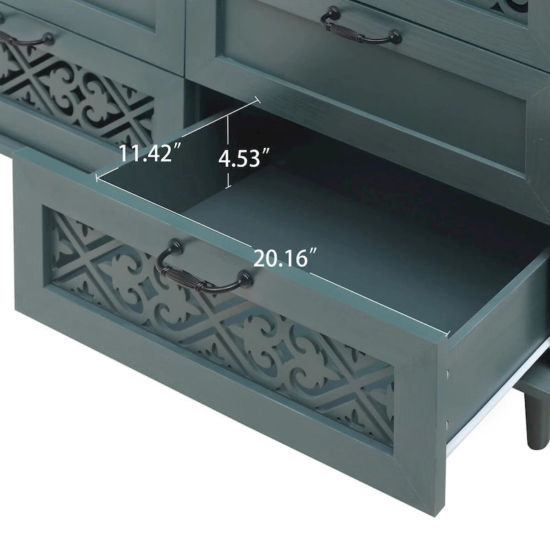 Armoire à 7 tiroirs vert foncé / bleu avec façades à panneaux sculptés, poignées en métal noir et pieds en bois massif – Unité simple