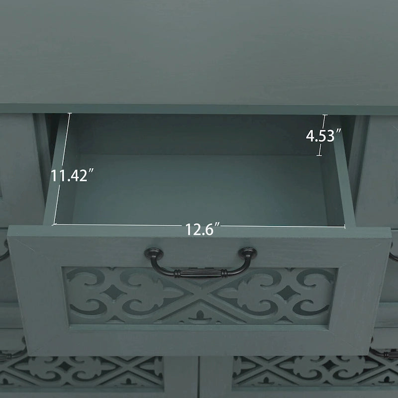 Armoire à 7 tiroirs vert foncé / bleu avec façades à panneaux sculptés, poignées en métal noir et pieds en bois massif – Unité simple
