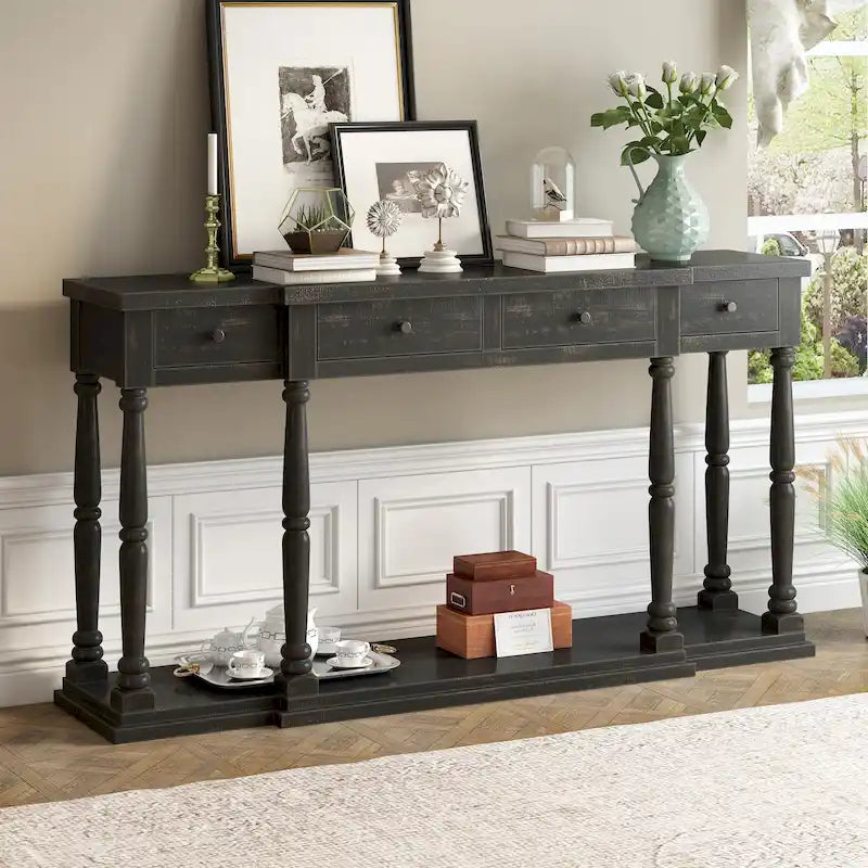 Console en MDF noir / blanc / bleu avec 4 tiroirs, étagère inférieure et pieds en pin – Unité unique