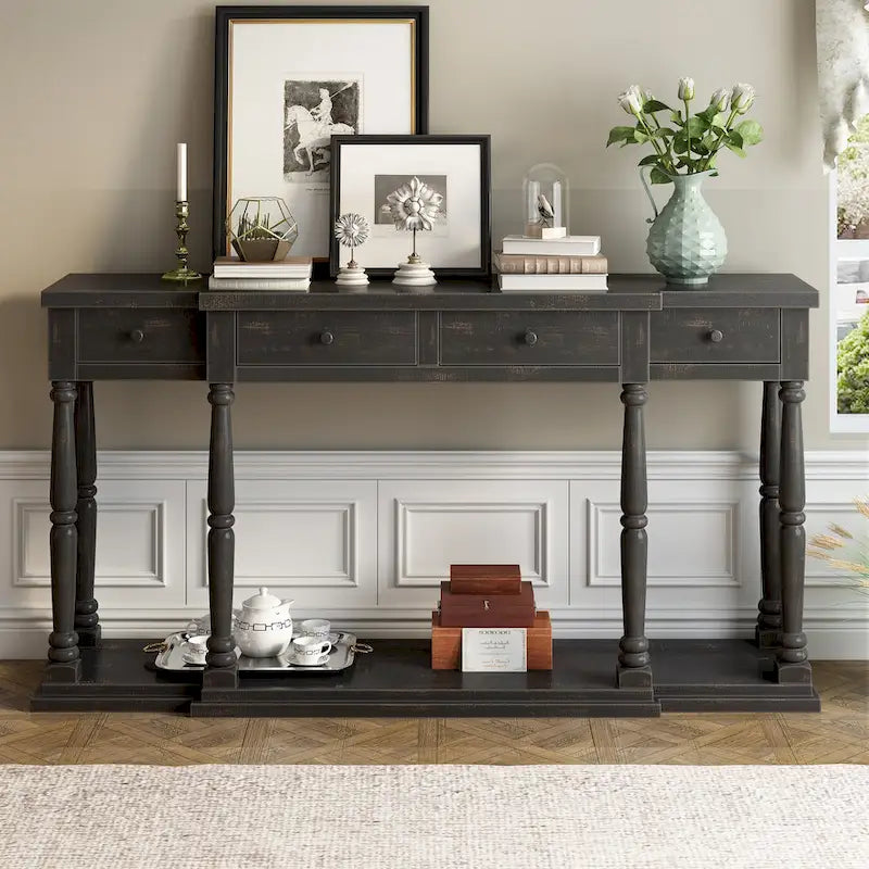 Console en MDF noir / blanc / bleu avec 4 tiroirs, étagère inférieure et pieds en pin – Unité unique