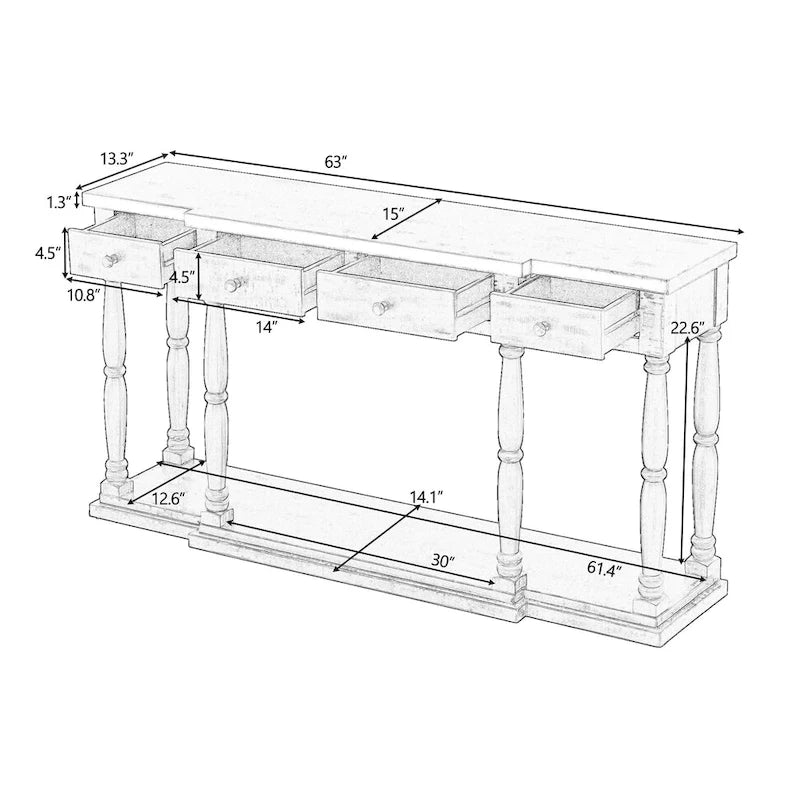 Console en MDF noir / blanc / bleu avec 4 tiroirs, étagère inférieure et pieds en pin – Unité unique