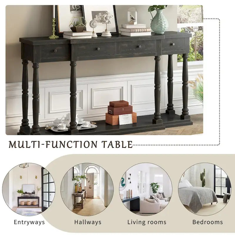 Console en MDF noir / blanc / bleu avec 4 tiroirs, étagère inférieure et pieds en pin – Unité unique