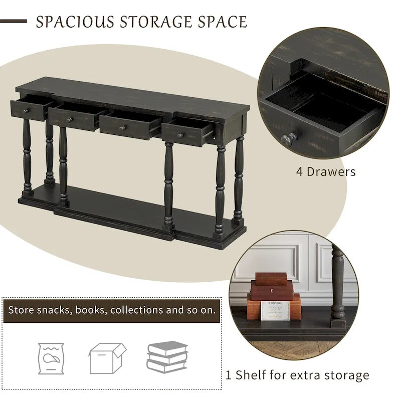 Console en MDF noir / blanc / bleu avec 4 tiroirs, étagère inférieure et pieds en pin – Unité unique
