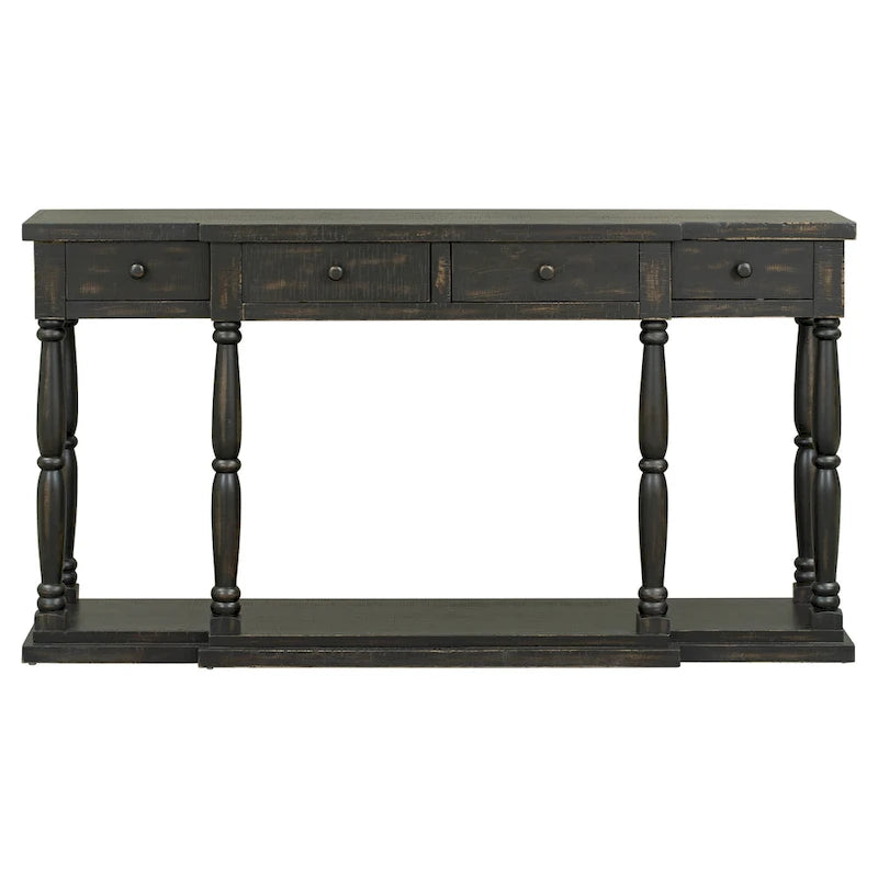 Console en MDF noir / blanc / bleu avec 4 tiroirs, étagère inférieure et pieds en pin – Unité unique