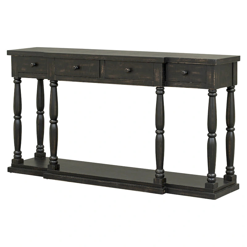 Console en MDF noir / blanc / bleu avec 4 tiroirs, étagère inférieure et pieds en pin – Unité unique