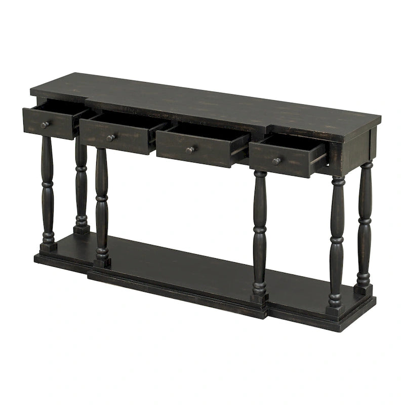 Console en MDF noir / blanc / bleu avec 4 tiroirs, étagère inférieure et pieds en pin – Unité unique