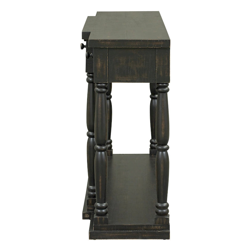 Console en MDF noir / blanc / bleu avec 4 tiroirs, étagère inférieure et pieds en pin – Unité unique