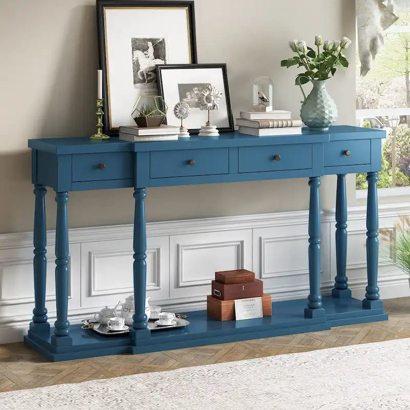 Console en MDF noir / blanc / bleu avec 4 tiroirs, étagère inférieure et pieds en pin – Unité unique