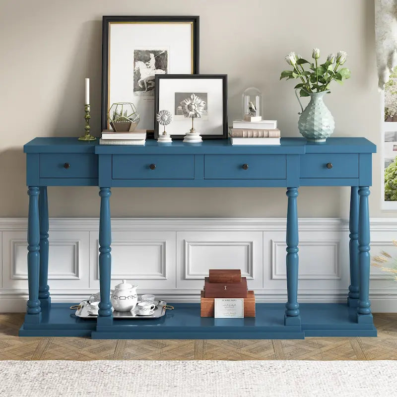 Console en MDF noir / blanc / bleu avec 4 tiroirs, étagère inférieure et pieds en pin – Unité unique