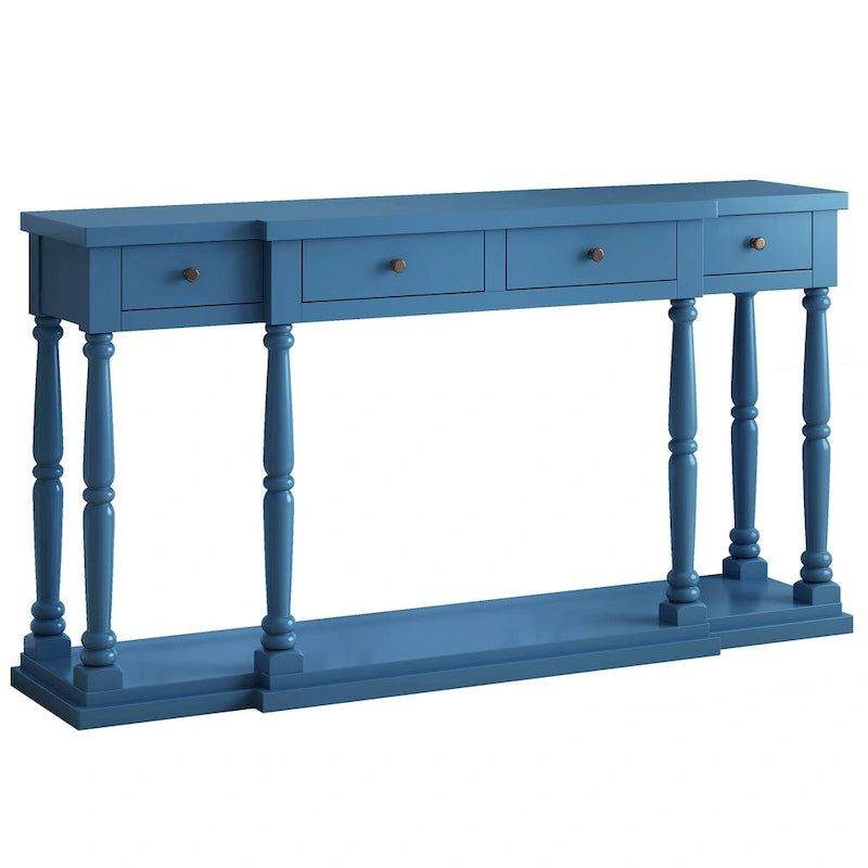 Console en MDF noir / blanc / bleu avec 4 tiroirs, étagère inférieure et pieds en pin – Unité unique