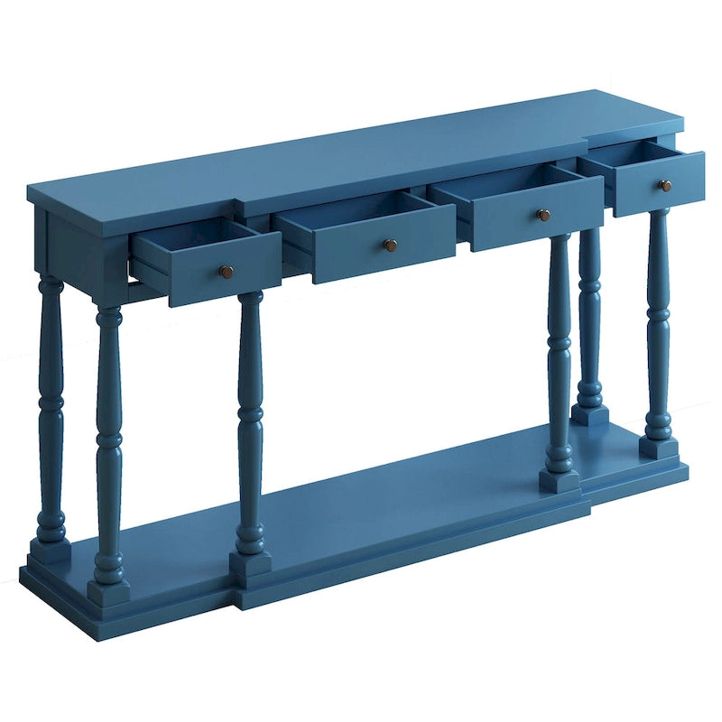 Console en MDF noir / blanc / bleu avec 4 tiroirs, étagère inférieure et pieds en pin – Unité unique