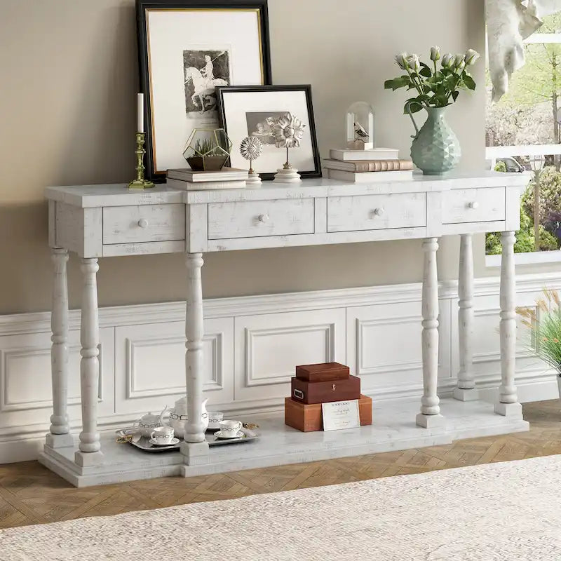 Console en MDF noir / blanc / bleu avec 4 tiroirs, étagère inférieure et pieds en pin – Unité unique