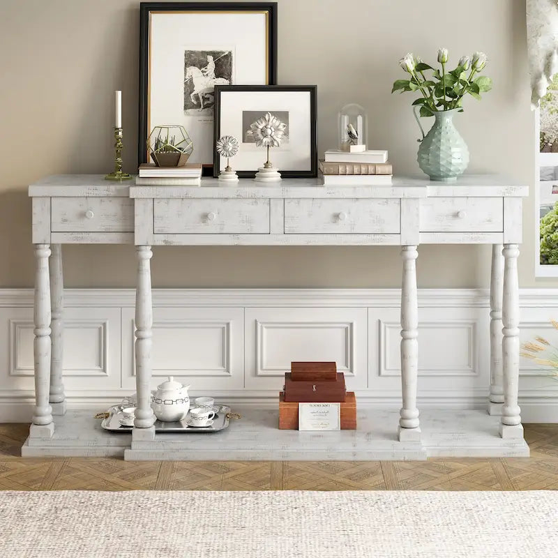Console en MDF noir / blanc / bleu avec 4 tiroirs, étagère inférieure et pieds en pin – Unité unique