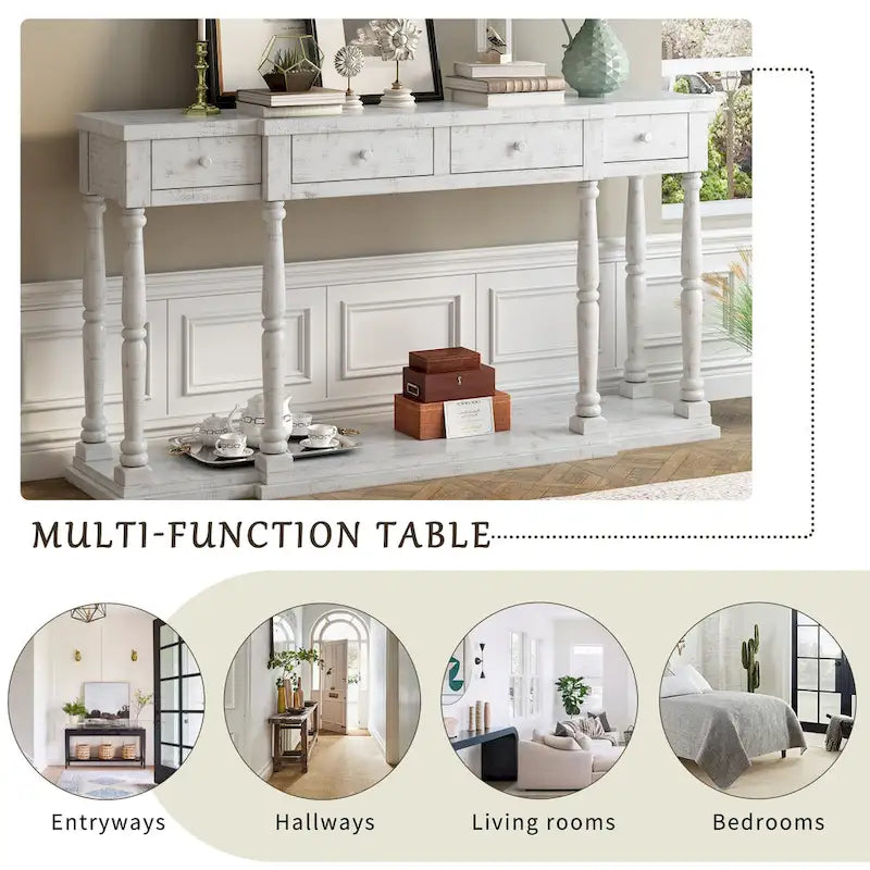 Console en MDF noir / blanc / bleu avec 4 tiroirs, étagère inférieure et pieds en pin – Unité unique