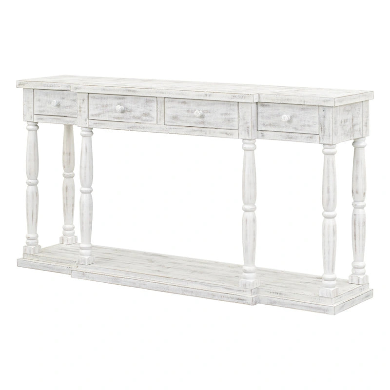 Console en MDF noir / blanc / bleu avec 4 tiroirs, étagère inférieure et pieds en pin – Unité unique