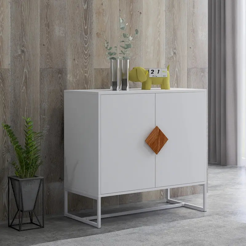 Buffet en MDF blanc / blanc antique avec 2 portes, poignées carrées en bois et cadre en fer – Unité simple