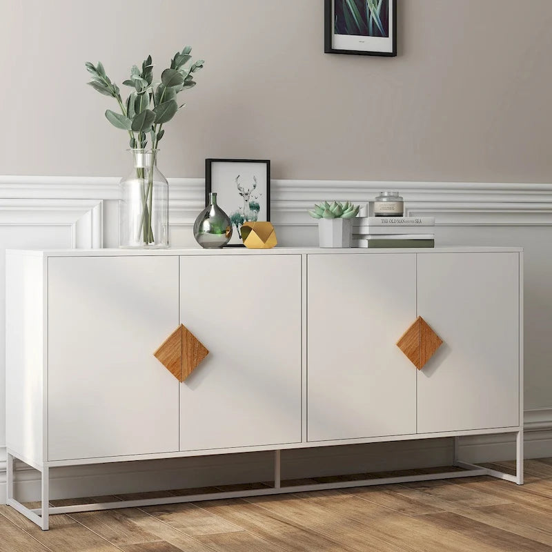 Buffet en MDF blanc / blanc antique avec 2 portes, poignées carrées en bois et cadre en fer – Unité simple