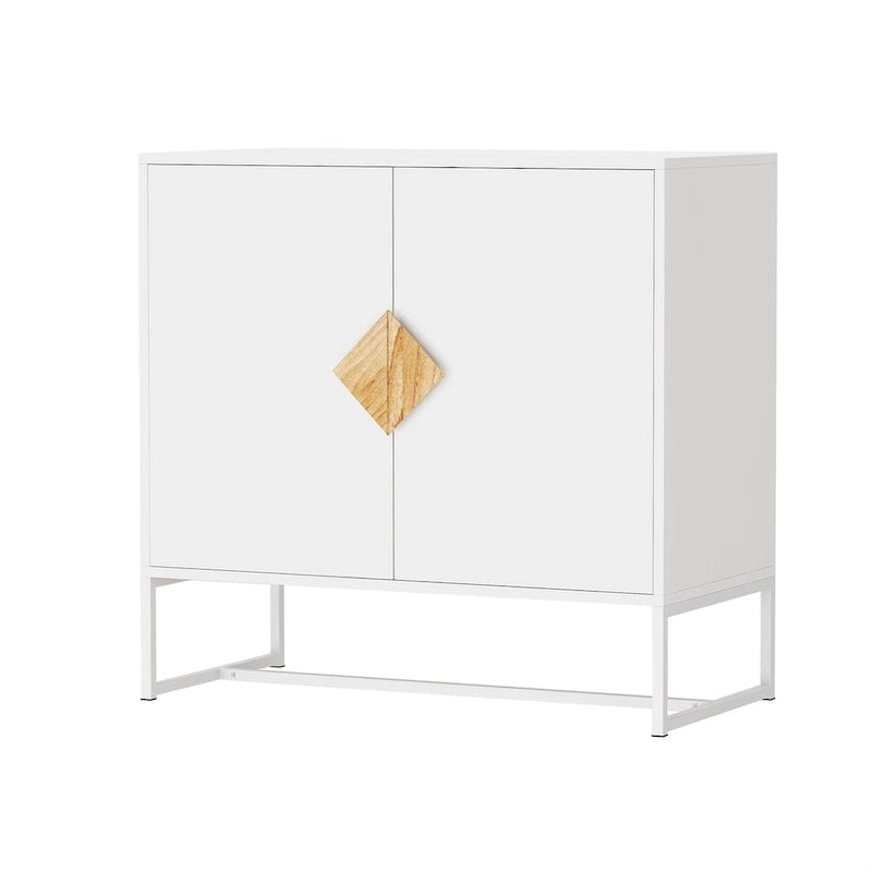 Buffet en MDF blanc / blanc antique avec 2 portes, poignées carrées en bois et cadre en fer – Unité simple