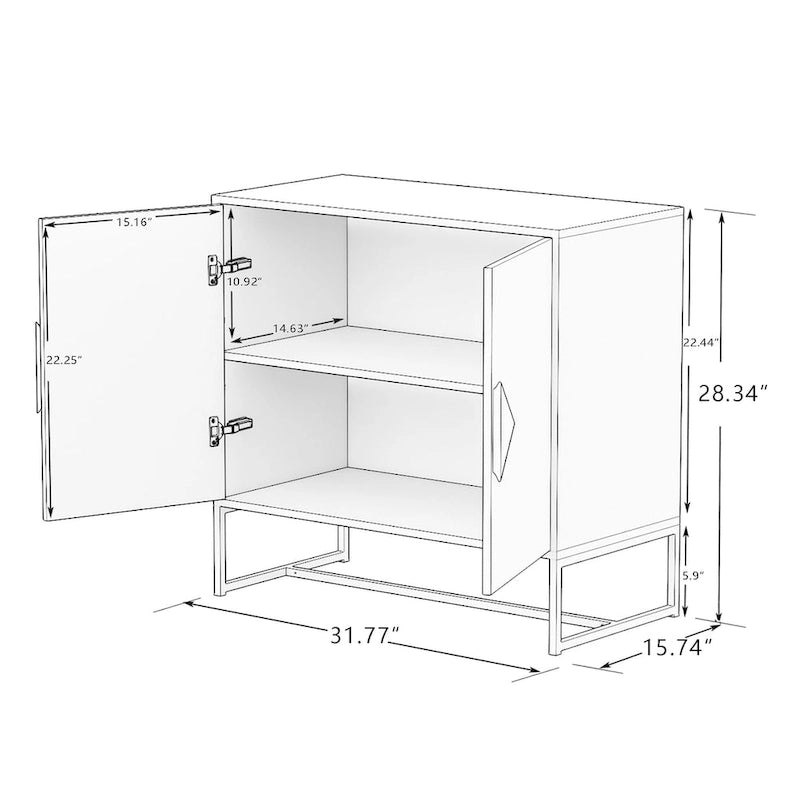 Buffet en MDF blanc / blanc antique avec 2 portes, poignées carrées en bois et cadre en fer – Unité simple
