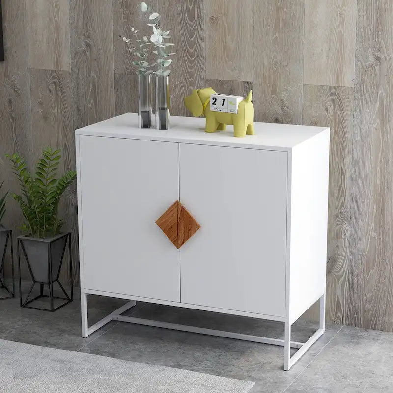 Buffet en MDF blanc / blanc antique avec 2 portes, poignées carrées en bois et cadre en fer – Unité simple