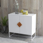 Buffet en MDF blanc / blanc antique avec 2 portes, poignées carrées en bois et cadre en fer – Unité simple