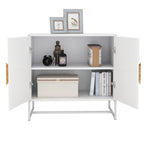 Buffet en MDF blanc / blanc antique avec 2 portes, poignées carrées en bois et cadre en fer – Unité simple