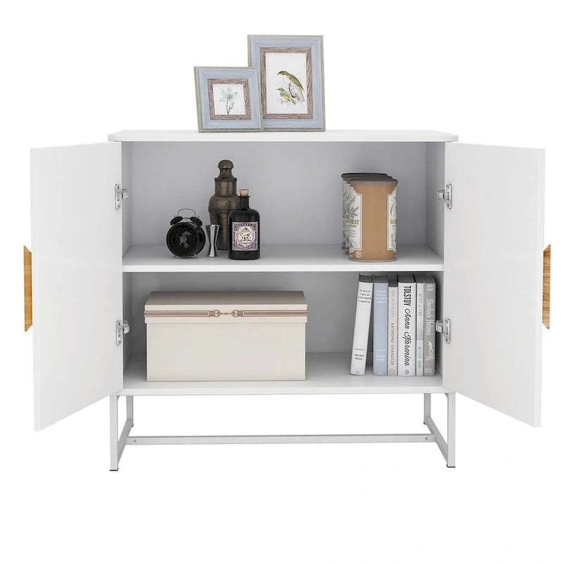 Buffet en MDF blanc / blanc antique avec 2 portes, poignées carrées en bois et cadre en fer – Unité simple