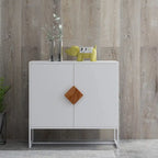 Buffet en MDF blanc / blanc antique avec 2 portes, poignées carrées en bois et cadre en fer – Unité simple