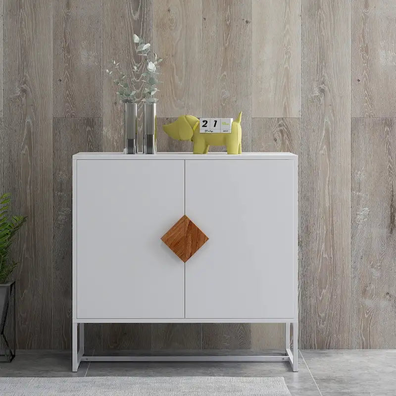 Buffet en MDF blanc / blanc antique avec 2 portes, poignées carrées en bois et cadre en fer – Unité simple