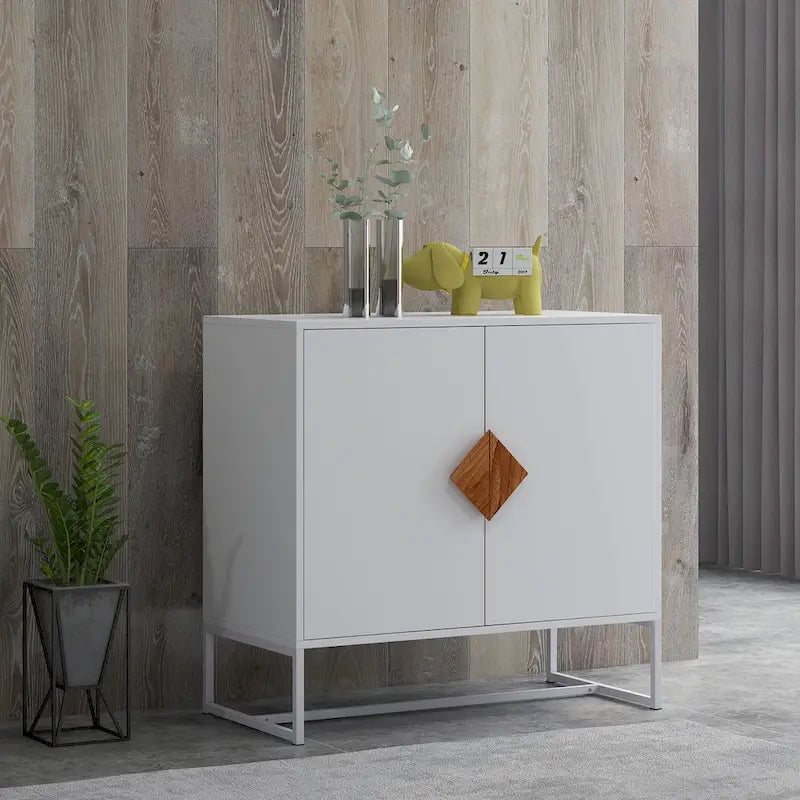 Buffet en MDF blanc / blanc antique avec 2 portes, poignées carrées en bois et cadre en fer – Unité simple