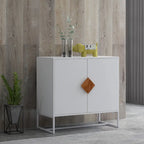 Buffet en MDF blanc / blanc antique avec 2 portes, poignées carrées en bois et cadre en fer – Unité simple